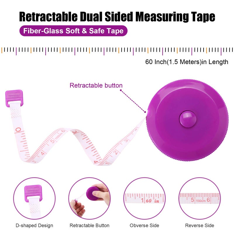 BUSHIBU Tape Measure Body Measuring Tape, Retractable 60 Inch Soft Mini Measuring Tape, Small Sewing Fabric Tape Measurer for Cloth Waist Medical Nursing Craft(3 Pack/Pink Purple Sky Blue) - Image 3